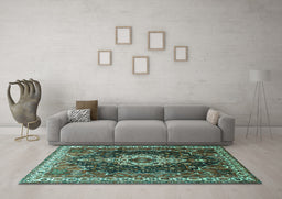 Machine Washable Persian Turquoise Traditional Area Rugs in a Living Room,, wshtr306turq