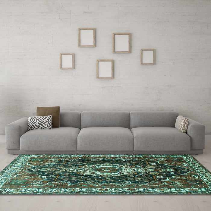 Machine Washable Persian Turquoise Traditional Area Rugs in a Living Room,, wshtr306turq