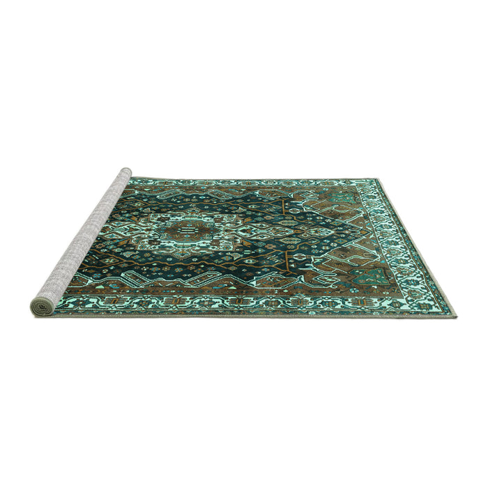 Sideview of Machine Washable Persian Turquoise Traditional Area Rugs, wshtr306turq