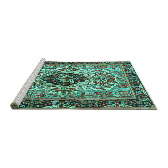 Sideview of Machine Washable Persian Turquoise Traditional Area Rugs, wshtr3071turq