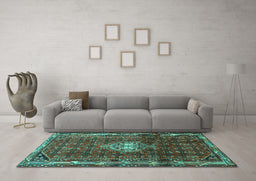 Machine Washable Persian Turquoise Traditional Area Rugs in a Living Room,, wshtr3073turq