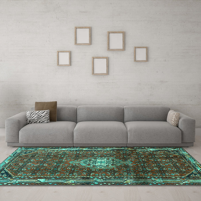 Machine Washable Persian Turquoise Traditional Area Rugs in a Living Room,, wshtr3073turq