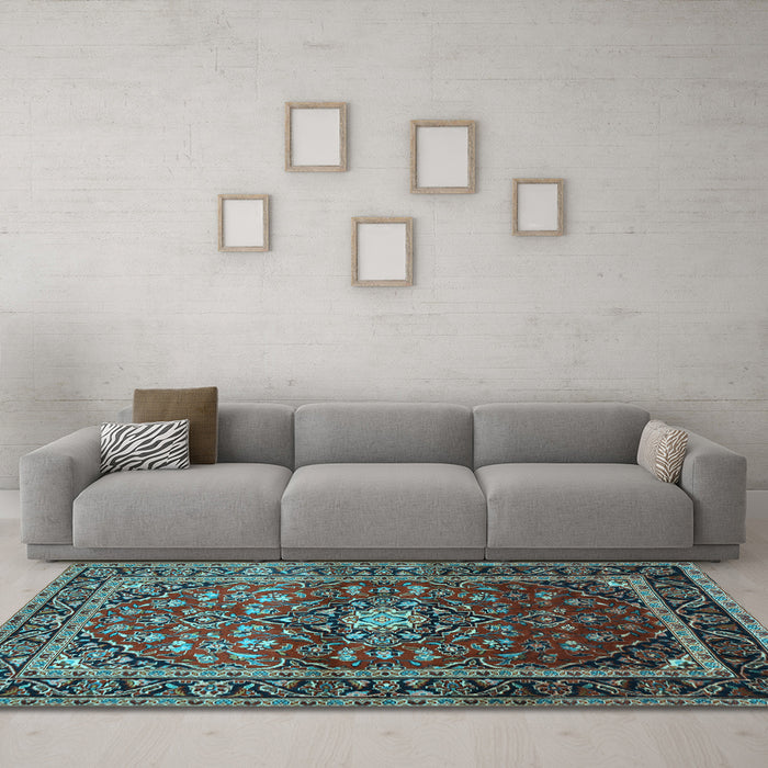 Machine Washable Medallion Light Blue Traditional Rug in a Living Room, wshtr3074lblu