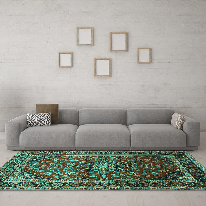 Machine Washable Medallion Turquoise Traditional Area Rugs in a Living Room,, wshtr3074turq