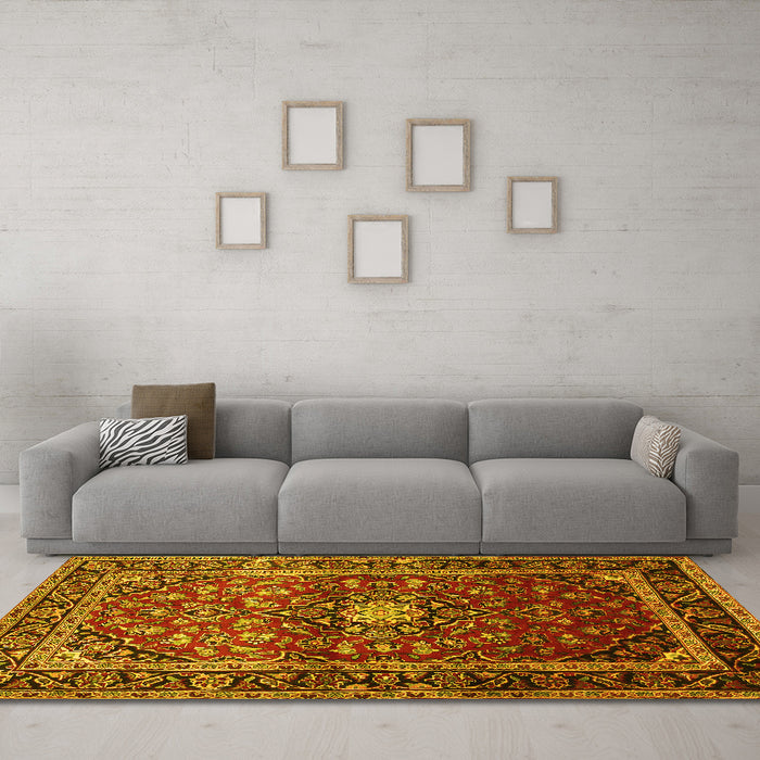 Machine Washable Medallion Yellow Traditional Rug in a Living Room, wshtr3074yw