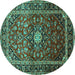 Round Machine Washable Medallion Turquoise Traditional Area Rugs, wshtr3074turq
