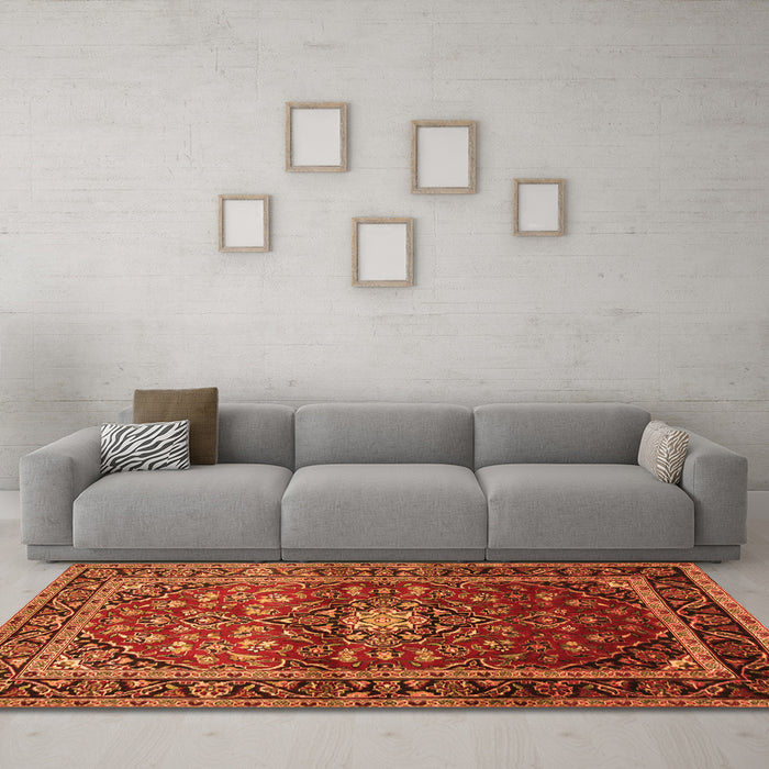 Machine Washable Medallion Orange Traditional Area Rugs in a Living Room, wshtr3074org