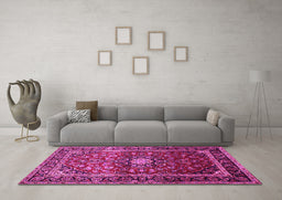 Machine Washable Medallion Pink Traditional Rug in a Living Room, wshtr3074pnk