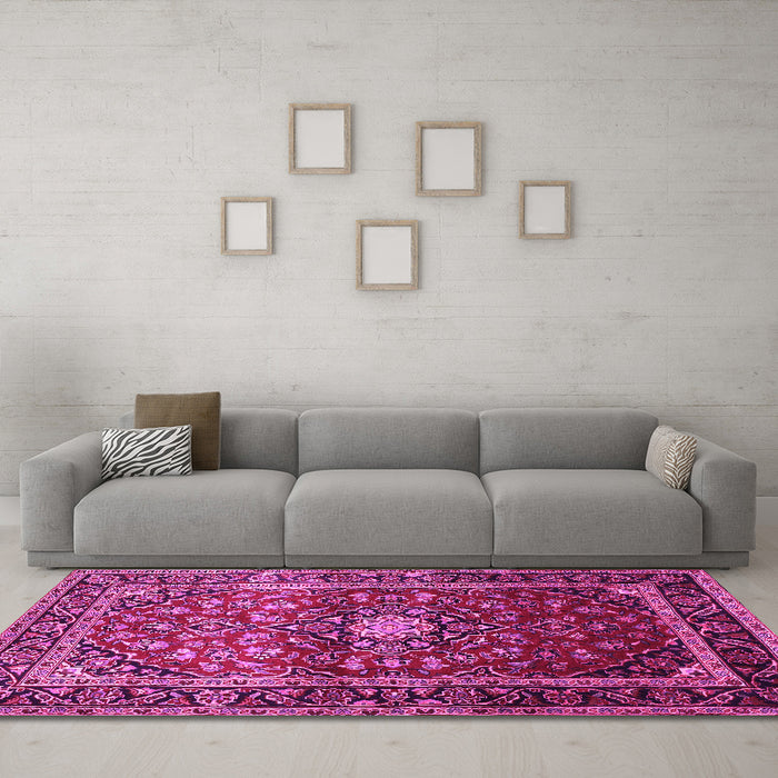 Machine Washable Medallion Pink Traditional Rug in a Living Room, wshtr3074pnk
