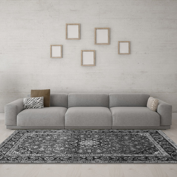 Machine Washable Medallion Gray Traditional Rug in a Living Room,, wshtr3074gry