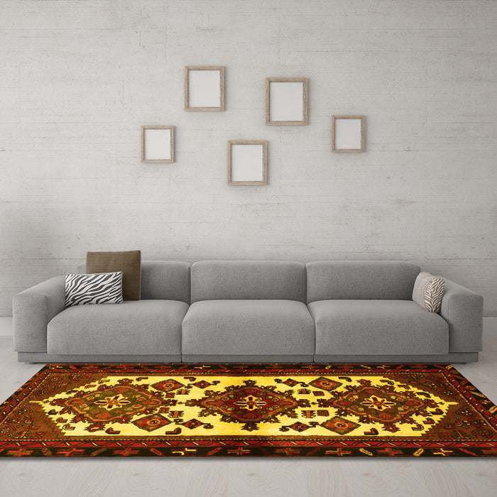 Machine Washable Persian Yellow Traditional Rug in a Living Room, wshtr3075yw