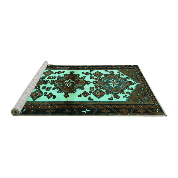 Sideview of Machine Washable Persian Turquoise Traditional Area Rugs, wshtr3075turq