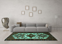 Machine Washable Persian Turquoise Traditional Area Rugs in a Living Room,, wshtr3075turq