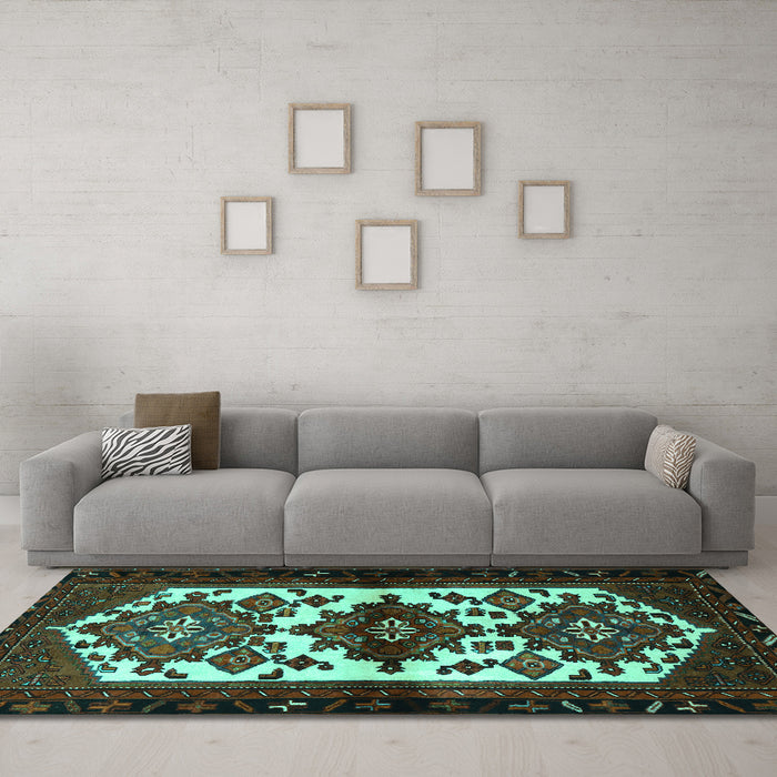 Machine Washable Persian Turquoise Traditional Area Rugs in a Living Room,, wshtr3075turq