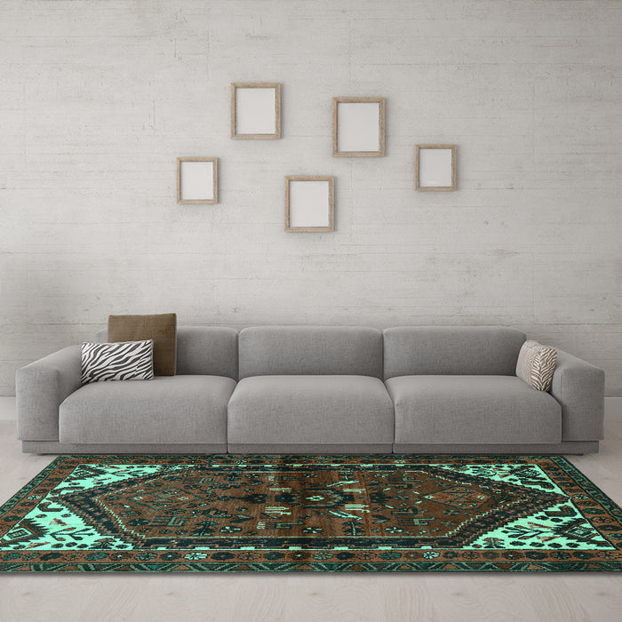 Machine Washable Persian Turquoise Traditional Area Rugs in a Living Room,, wshtr3076turq