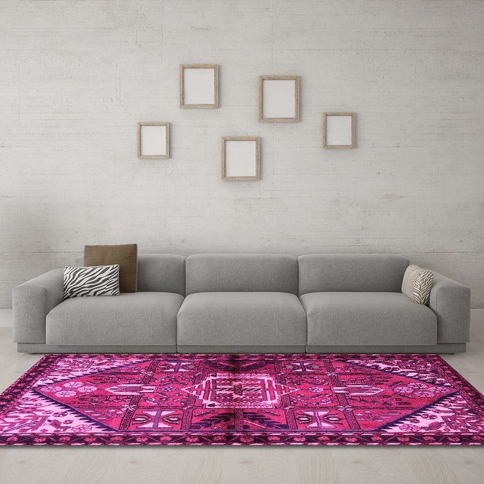 Machine Washable Persian Pink Traditional Rug in a Living Room, wshtr3077pnk