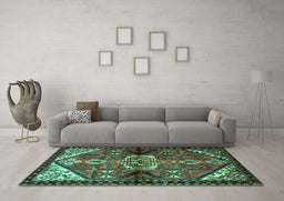 Machine Washable Persian Turquoise Traditional Area Rugs in a Living Room,, wshtr3077turq