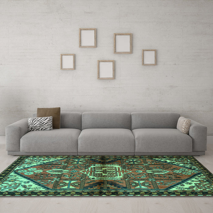 Machine Washable Persian Turquoise Traditional Area Rugs in a Living Room,, wshtr3077turq