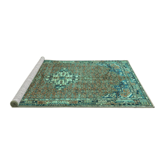 Sideview of Machine Washable Persian Turquoise Traditional Area Rugs, wshtr307turq