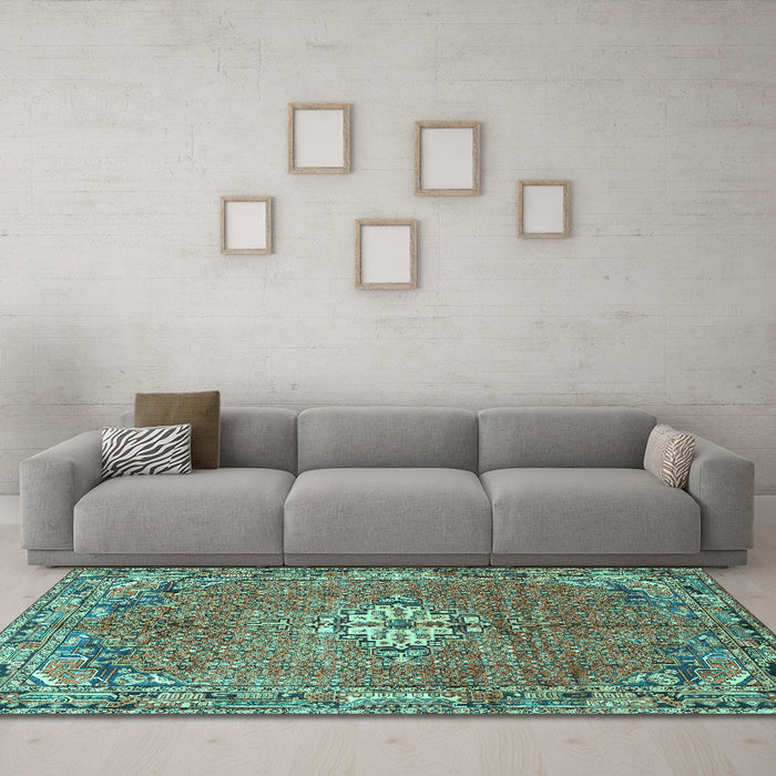 Machine Washable Persian Turquoise Traditional Area Rugs in a Living Room,, wshtr307turq
