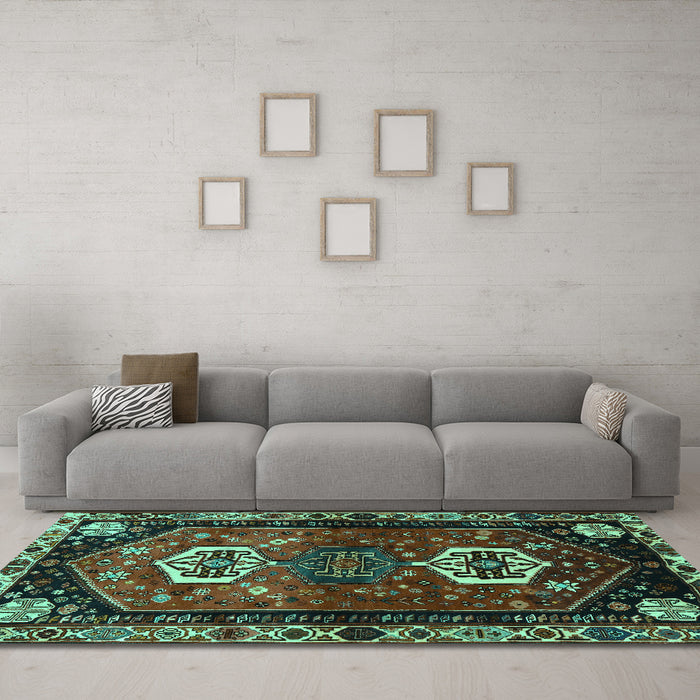 Machine Washable Persian Turquoise Traditional Area Rugs in a Living Room,, wshtr3080turq