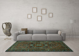 Machine Washable Persian Turquoise Traditional Area Rugs in a Living Room,, wshtr3083turq