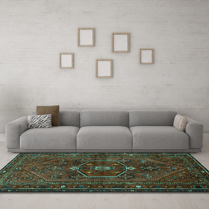 Machine Washable Persian Turquoise Traditional Area Rugs in a Living Room,, wshtr3083turq