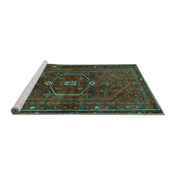 Sideview of Machine Washable Persian Turquoise Traditional Area Rugs, wshtr3083turq