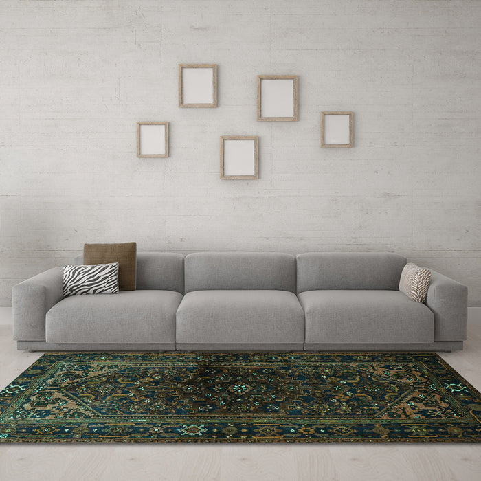 Machine Washable Persian Turquoise Traditional Area Rugs in a Living Room,, wshtr3085turq