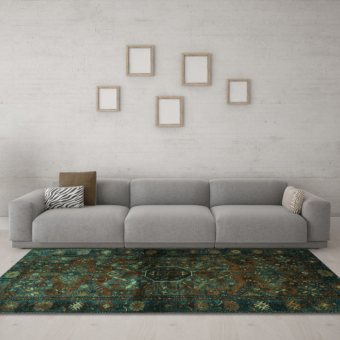 Machine Washable Persian Turquoise Traditional Area Rugs in a Living Room,, wshtr3089turq