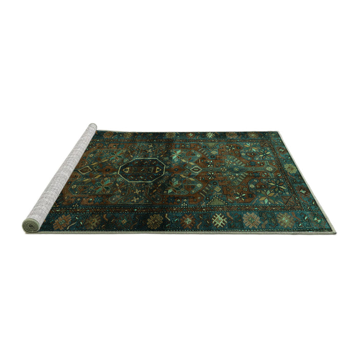 Sideview of Machine Washable Persian Turquoise Traditional Area Rugs, wshtr3089turq