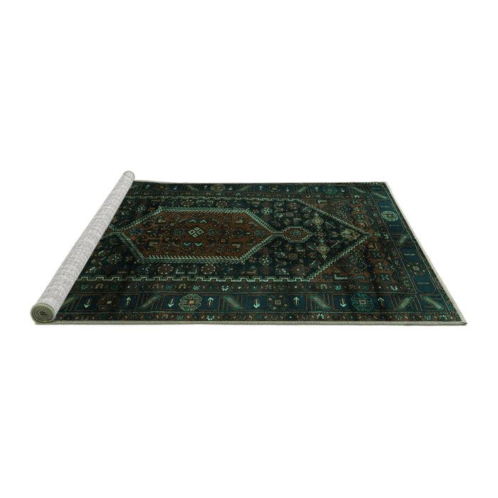 Sideview of Machine Washable Persian Turquoise Traditional Area Rugs, wshtr3092turq