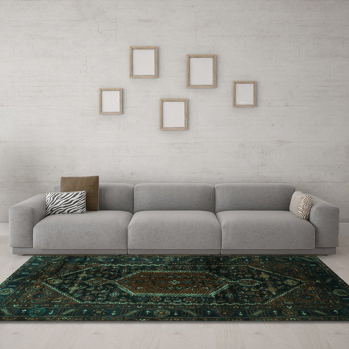 Machine Washable Persian Turquoise Traditional Area Rugs in a Living Room,, wshtr3092turq