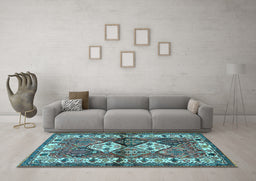 Machine Washable Persian Light Blue Traditional Rug in a Living Room, wshtr3095lblu