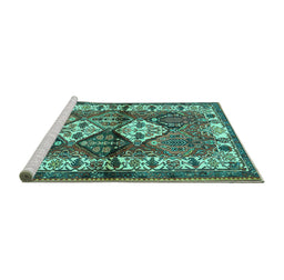 Sideview of Machine Washable Persian Turquoise Traditional Area Rugs, wshtr3095turq