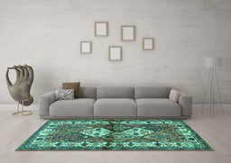 Machine Washable Persian Turquoise Traditional Area Rugs in a Living Room,, wshtr3095turq