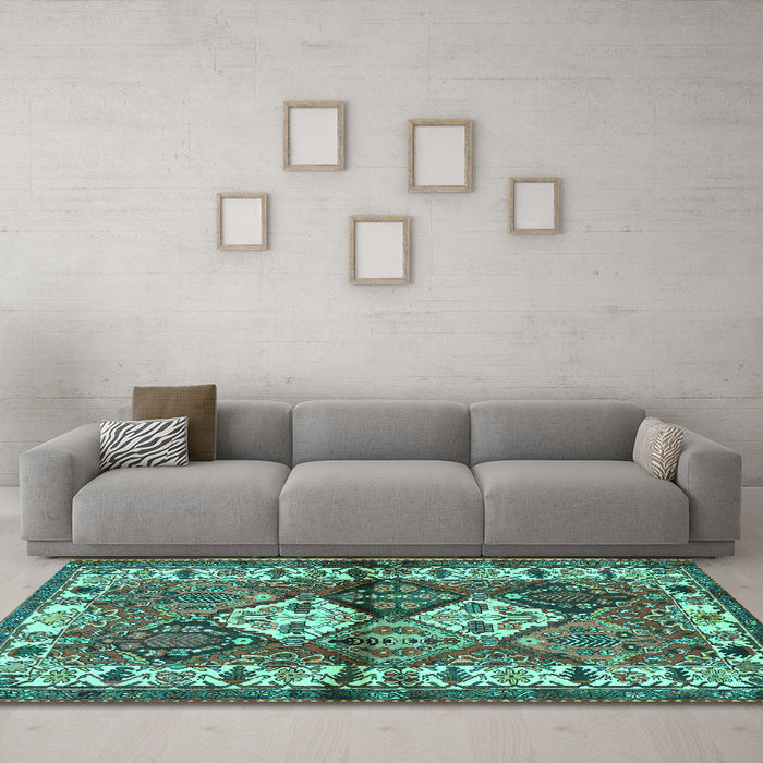 Machine Washable Persian Turquoise Traditional Area Rugs in a Living Room,, wshtr3095turq