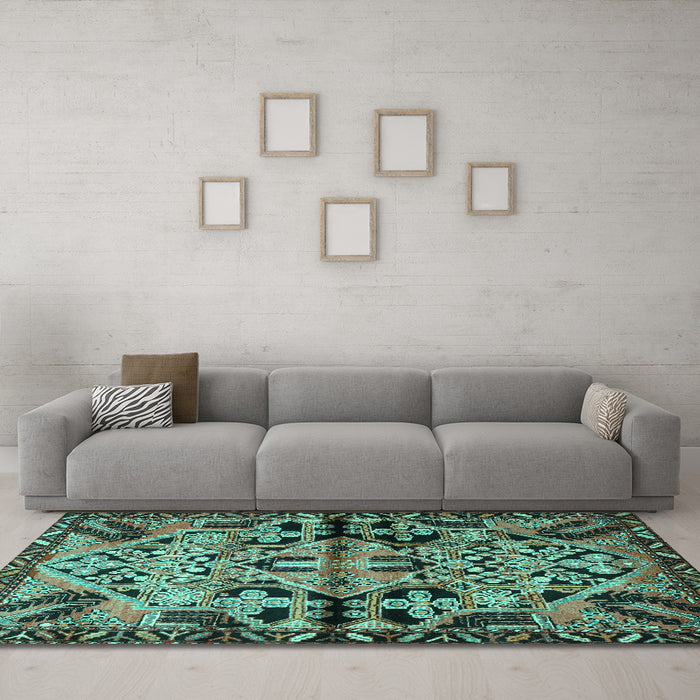 Machine Washable Persian Turquoise Traditional Area Rugs in a Living Room,, wshtr3096turq