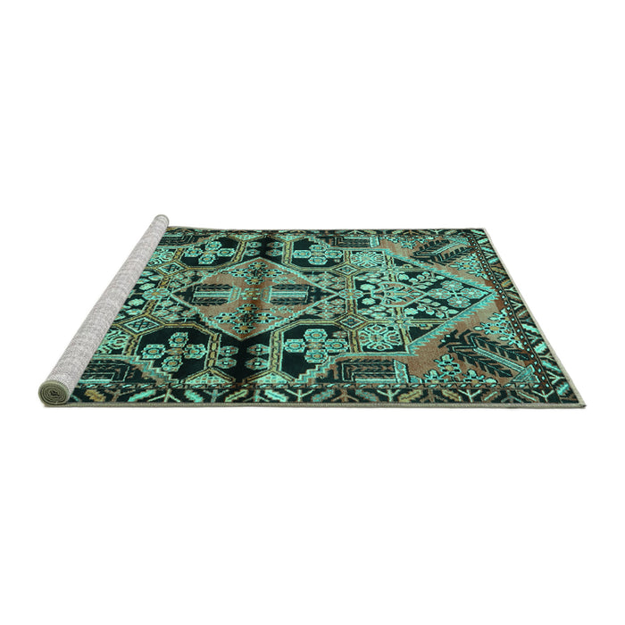 Sideview of Machine Washable Persian Turquoise Traditional Area Rugs, wshtr3096turq