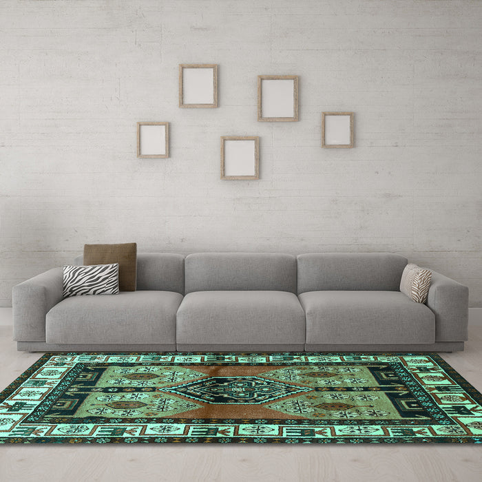 Machine Washable Persian Turquoise Traditional Area Rugs in a Living Room,, wshtr3097turq