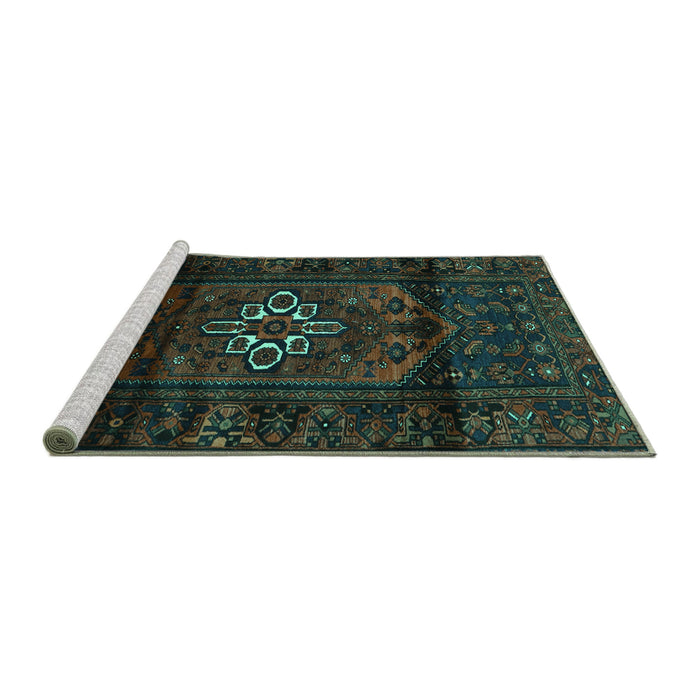 Sideview of Machine Washable Persian Turquoise Traditional Area Rugs, wshtr3098turq