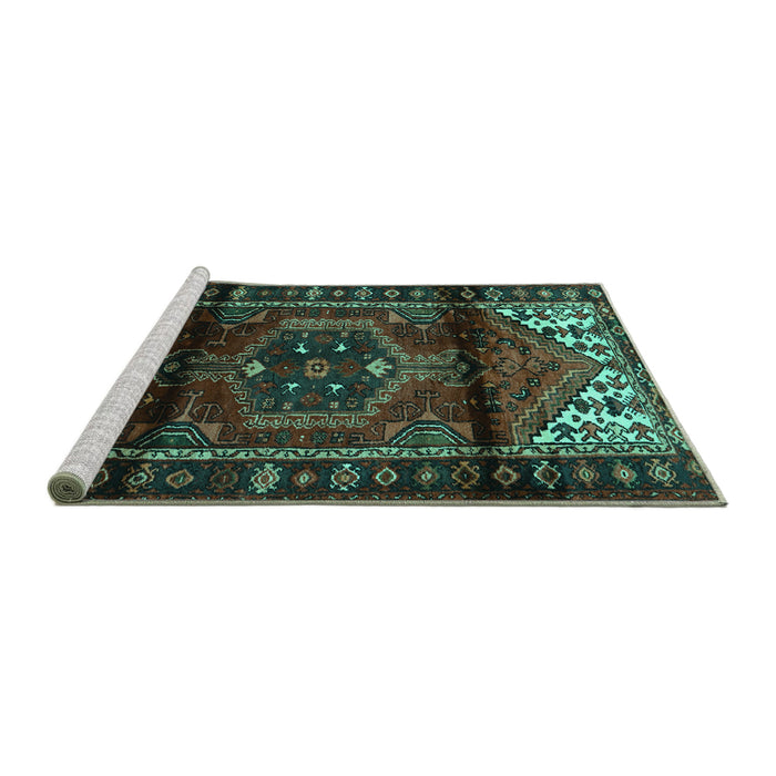 Sideview of Machine Washable Persian Turquoise Traditional Area Rugs, wshtr3101turq