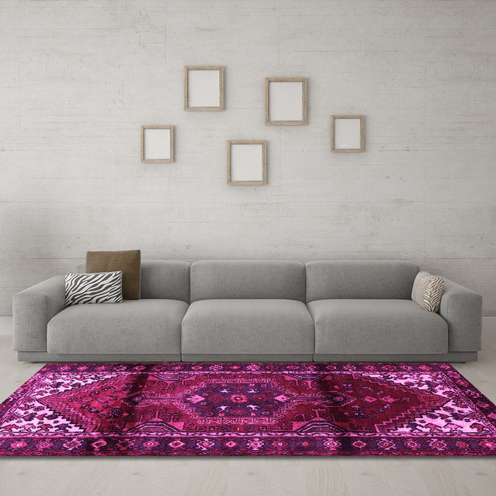 Machine Washable Persian Pink Traditional Rug in a Living Room, wshtr3101pnk