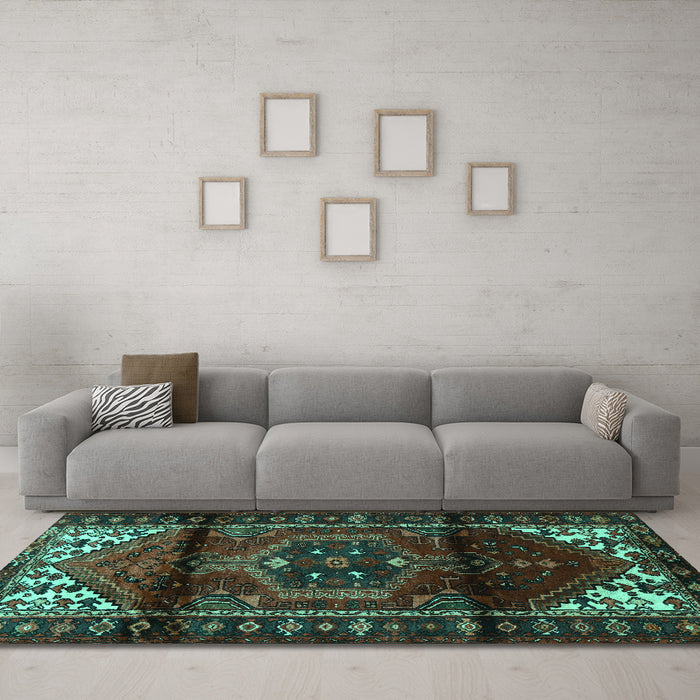 Machine Washable Persian Turquoise Traditional Area Rugs in a Living Room,, wshtr3101turq
