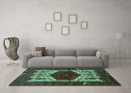 Machine Washable Persian Turquoise Traditional Area Rugs in a Living Room,, wshtr3109turq