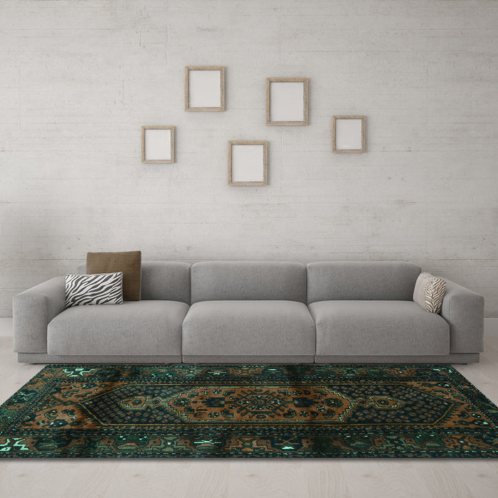Machine Washable Persian Turquoise Traditional Area Rugs in a Living Room,, wshtr3113turq