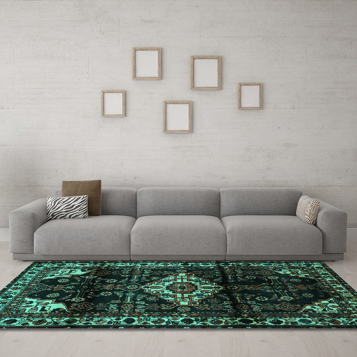 Machine Washable Persian Turquoise Traditional Area Rugs in a Living Room,, wshtr3114turq