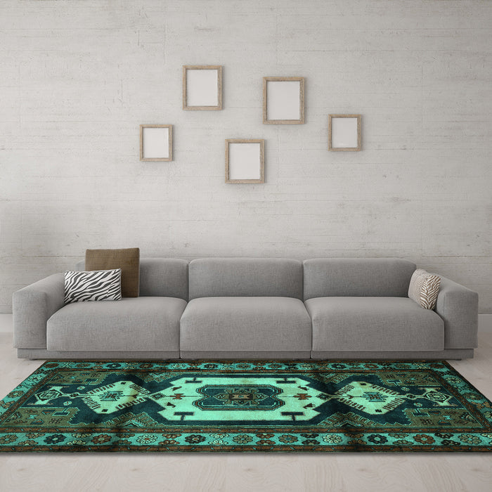 Machine Washable Persian Turquoise Traditional Area Rugs in a Living Room,, wshtr3116turq