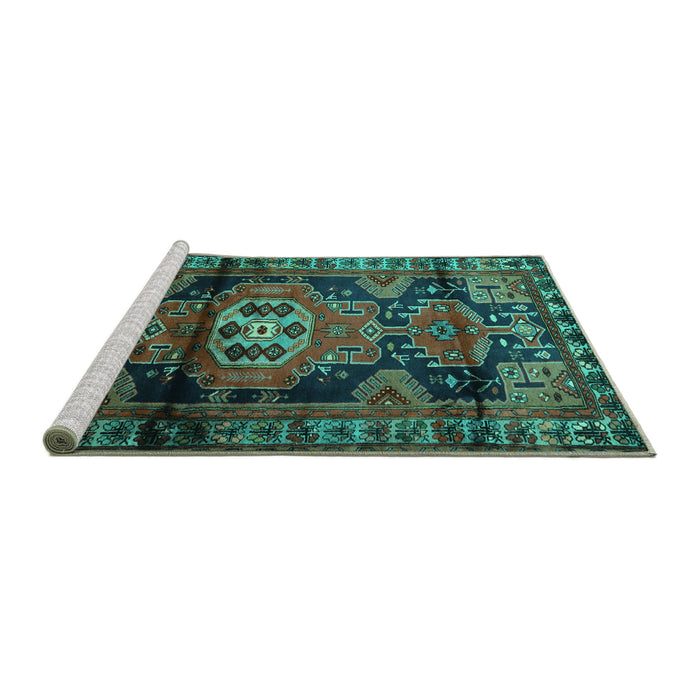 Sideview of Machine Washable Persian Turquoise Traditional Area Rugs, wshtr3119turq