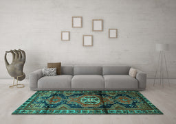 Machine Washable Persian Turquoise Traditional Area Rugs in a Living Room,, wshtr3119turq